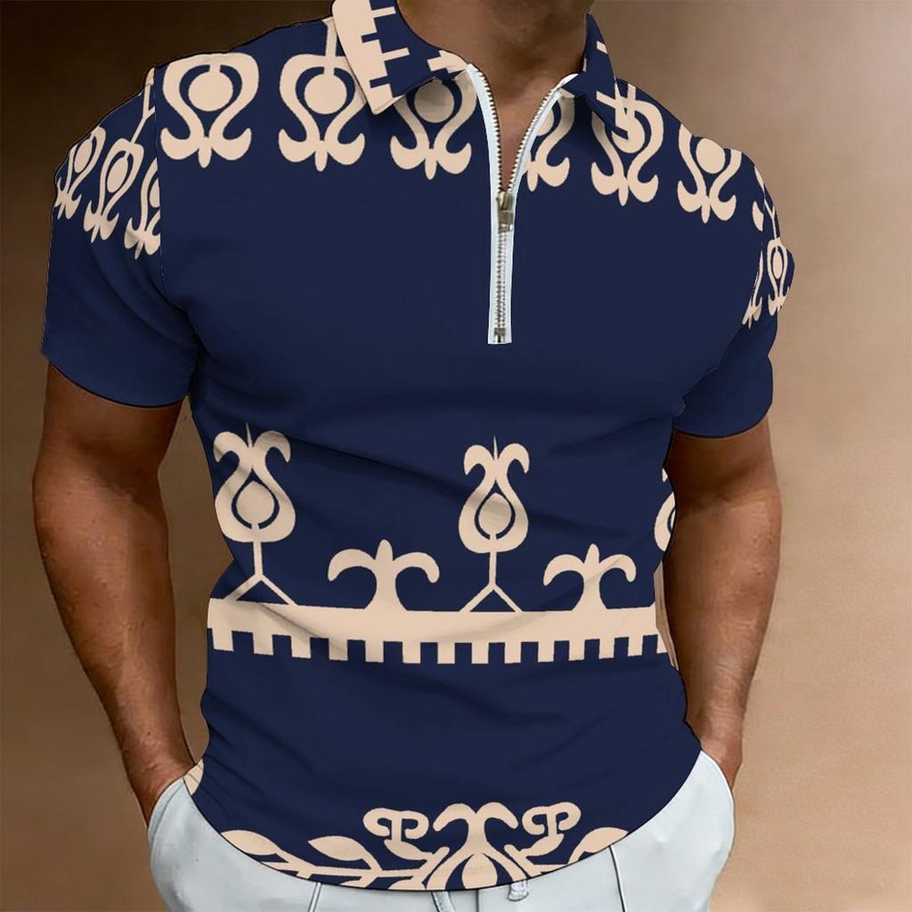 Women Short Sleeve Polo Shirt Dark Blue Teal Spiral Dot Circle Print Half Zip Lapel Top