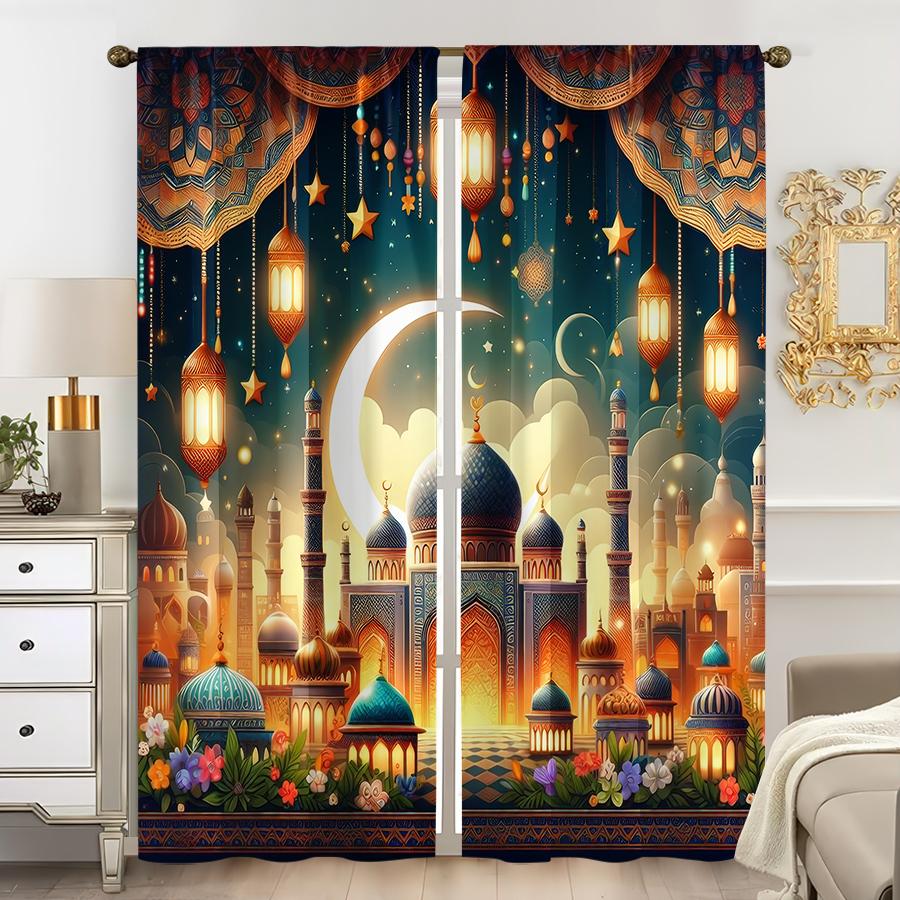 2PCS Gilded Night City Ramadan Theme Curtains   Dreamy Luxury Style   Bedroom and Living Room   Drawbar Pocket Decorative Curtains