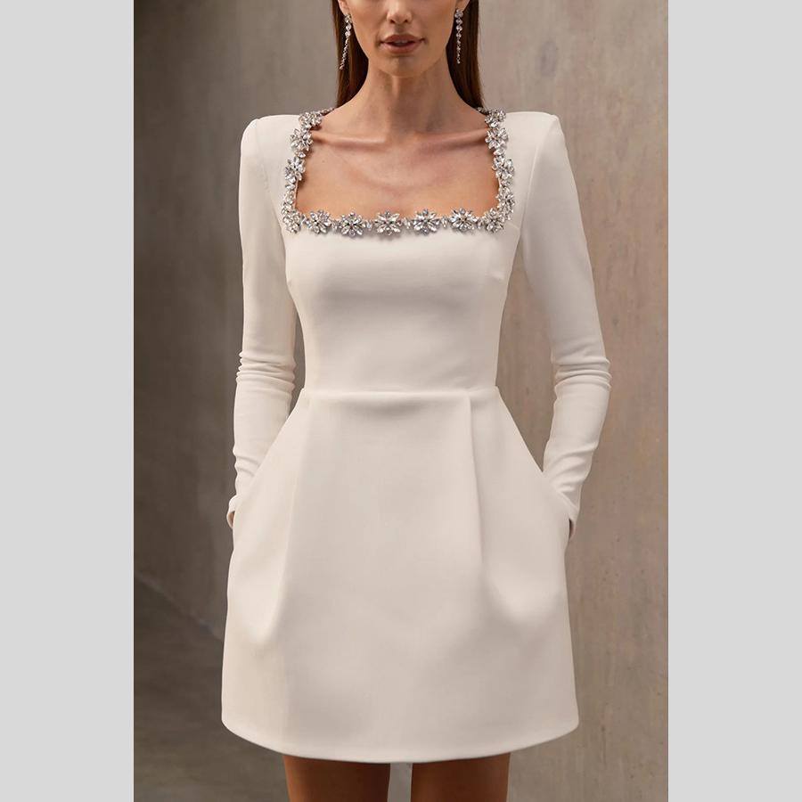 Elegant Red Velvet Women's Dress Slim Diamond Setting Square Collar Long Sleeve Mini Dresses Female Winter Lady