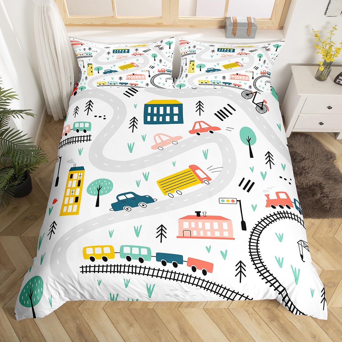 

Racing Car Track Duvet Cover Queen for Kids Boys,Constction Vehicle Grey Bedding Set Red Cars Road Traffic Quilt Cover 3 Pcs (135x200cm)