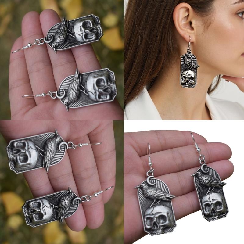 Vintage Silver Tone Skull Design Earrings Sturdy Alloy Material Sophisticated Accessories Antique Finish Earrings