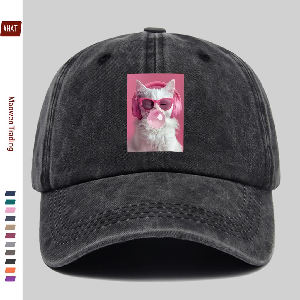 Pc Printed Cat Wearing Pink Headphones And Glasses Blowing Bubblegum Pattern Baseball Cap Comfortable Casual Printed Design De