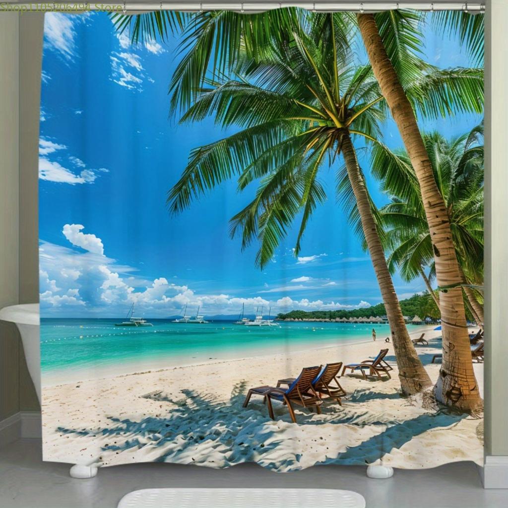 1pc Tropical Beach Palm Tree Shower Curtain - Vibrant Cartoon Print Polyester Bathroom Decor with Hooks, Machine Washable No-D