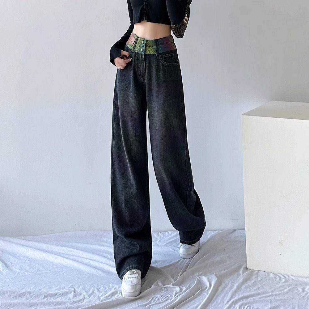 

Черные джинсы с высокой посадкой, свободного кроя, с широкими штанинами для женщин, стильные и удобные брюки XXL чёрный