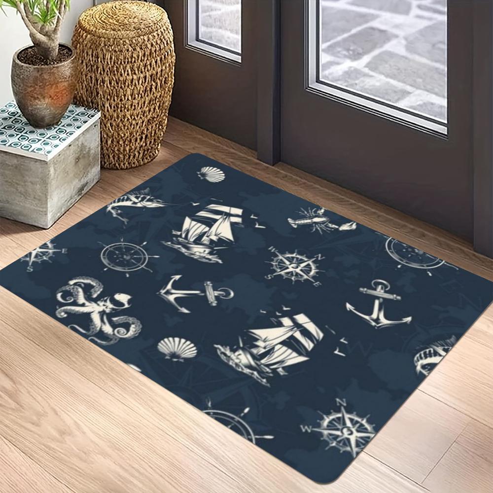 Navy Blue Anchor & Sailboat Print Carpet Mat Rug for Living Room Bedroom Indoor Home Decoration Modern Nautical Design Floor Mat