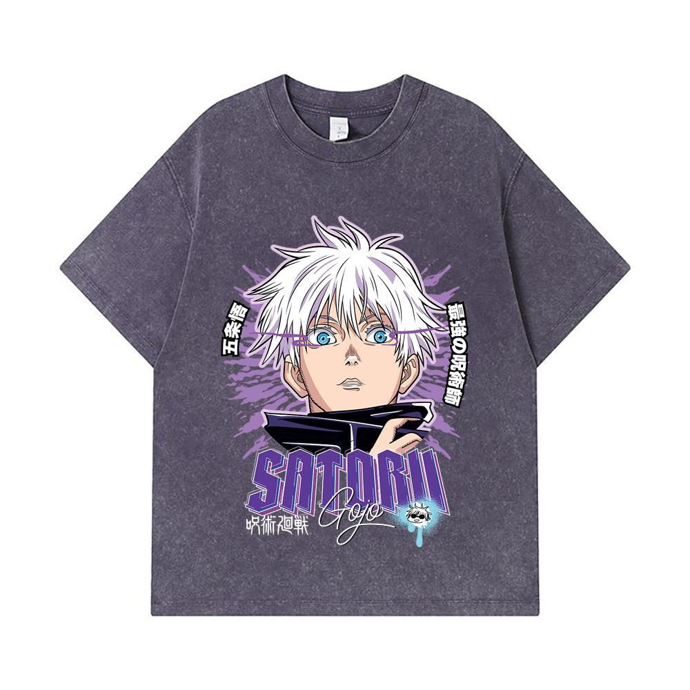 275 GSM Washed T-shirts 100% Cotton Jujutsu Kaisen V27 Gojo Print Unisex Heavy Cotton T Shirt