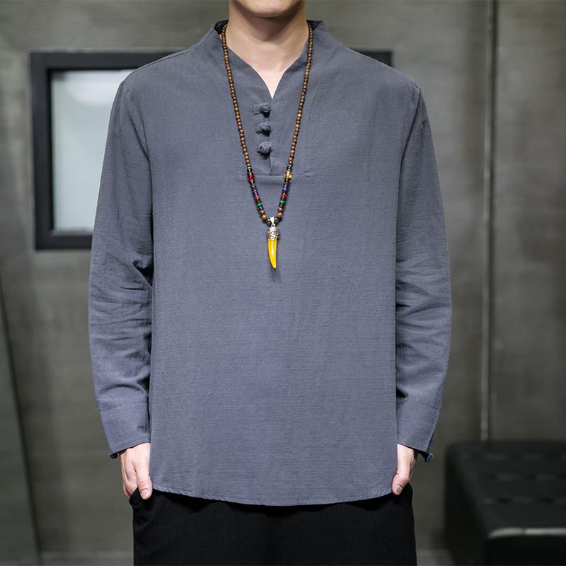 2025 Chinese Style Mens Shirts Fashion V-neck Long Sleeve T-shirt Men Harajuku Shirts Male Japanese Kimono Shirt