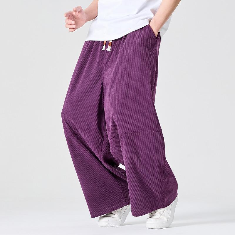Men's Black Corduroy Wide Leg Pants Drawstring Waist Casual Baggy Trousers