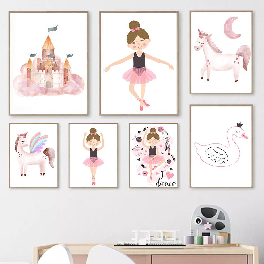 Pink Lovely Dance Girl Castle Unicorn Swan Wall Art Canvas Painting Nordic Posters And Prints Wall Pictures For Kids Room Decor