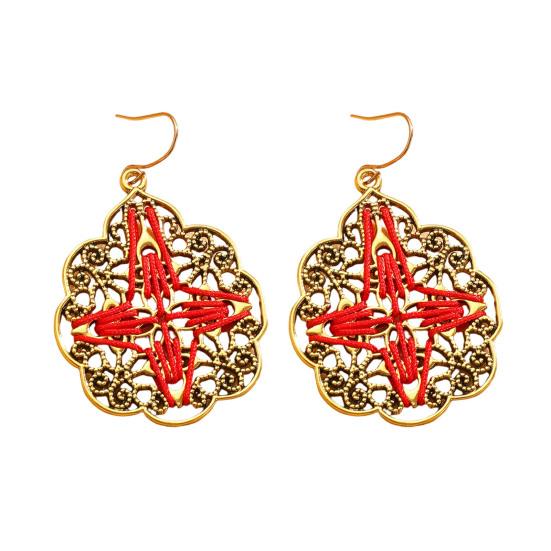 1 Paio di Orecchini Bohemia Stile Retrò Corda Rossa Intrecciata a Mano Intaglio Cavo Pizzo Forme a Sole Orecchini da Spiaggia Festival