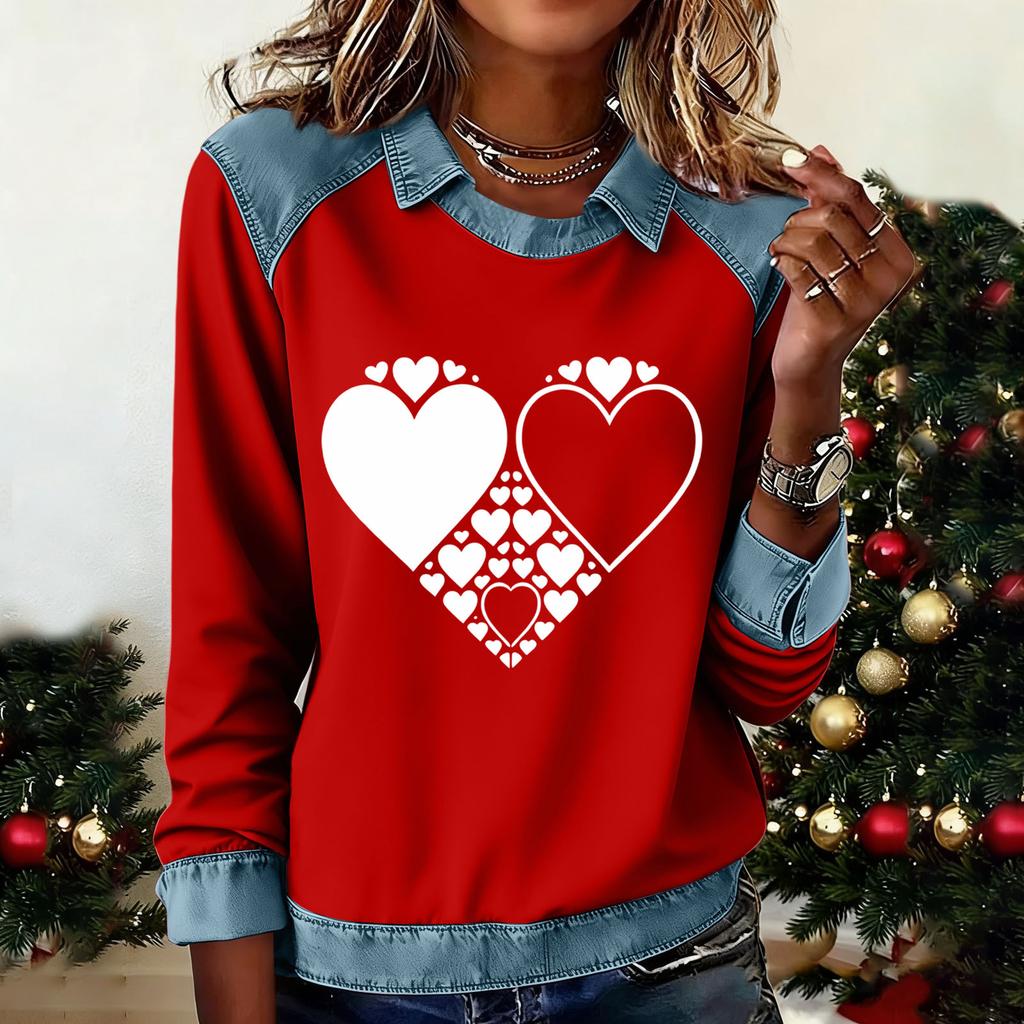 Women's Fashion Flared Long Sleeve Denim Patchwork Sweatshirt Valentine's Day Print Casual Pullover Top