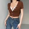 Y2K koronkowe wykończenia przycięte topy brązowy bawełniany t-shirt z guzikami z krótkim rękawem dekolt w serek Retro Harajuku Basic Casual Cardiagn Women Tee