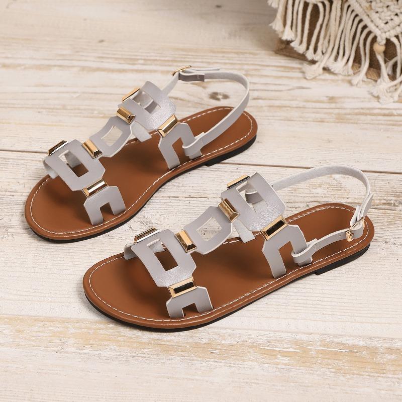 Large Size Belt Buckle Flat Bottom Hollow Sandals Women's Fashion Versatile Outer Wear Solid Color Beach Sandals Wish