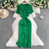 Xiaoxiangfeng High-end Rough Edge V-neck Short-sleeved Knitted Dress Women's Summer Waist Single-breasted Slim-fitting Long Skirt