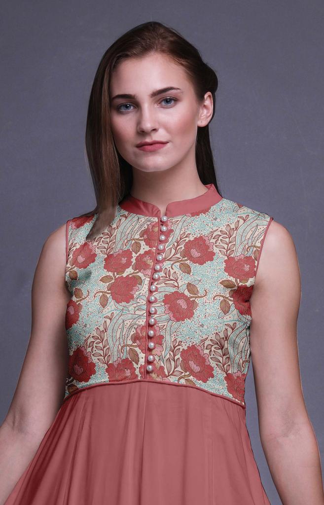 Bimba Aquamarine Green Damask Printed Women Designer Mandarin Collar Anarkali Dress Indian Ethnic Kurta