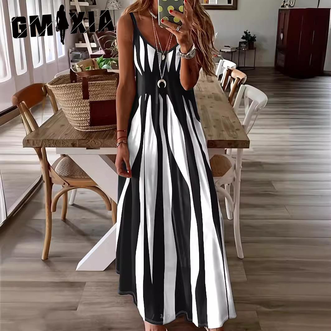 

GMXIA Summer Casual Halter Printed V-Neck Sleeveless Long Dresses S чёрный
