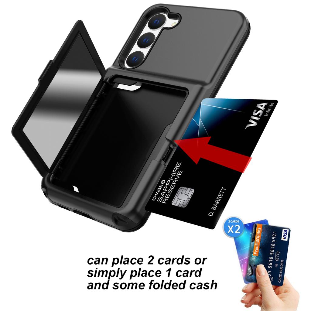 For Samsung Galaxy S23 Cardcase Series Card Holder Thick Phone Case Kickstand Mirror Function PC+TPU Cover