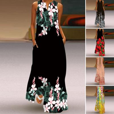 Lady Maxi Dress with Pockets Flower Printing A-line V Neck Sleeveless Loose