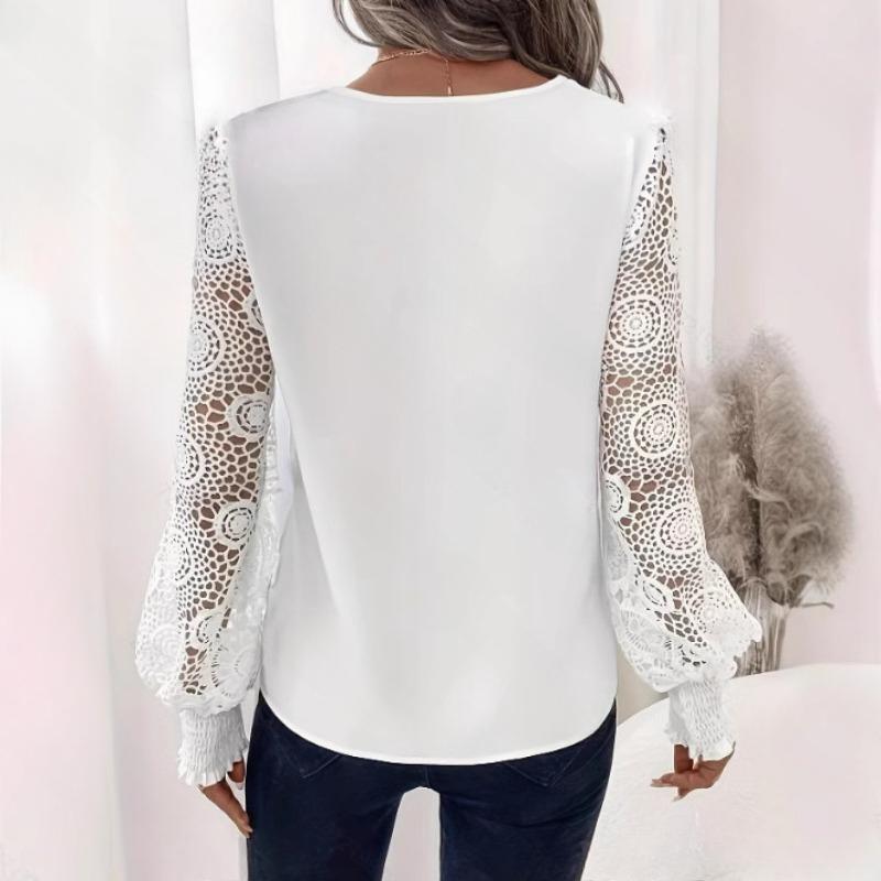 Vintage V-neck Loose Lace Patchwork White Shirts Women Elegant Casual Hollow Out Long Sleeve Blouses Women Tops Fashion Slim Fit Lady Tops 26209