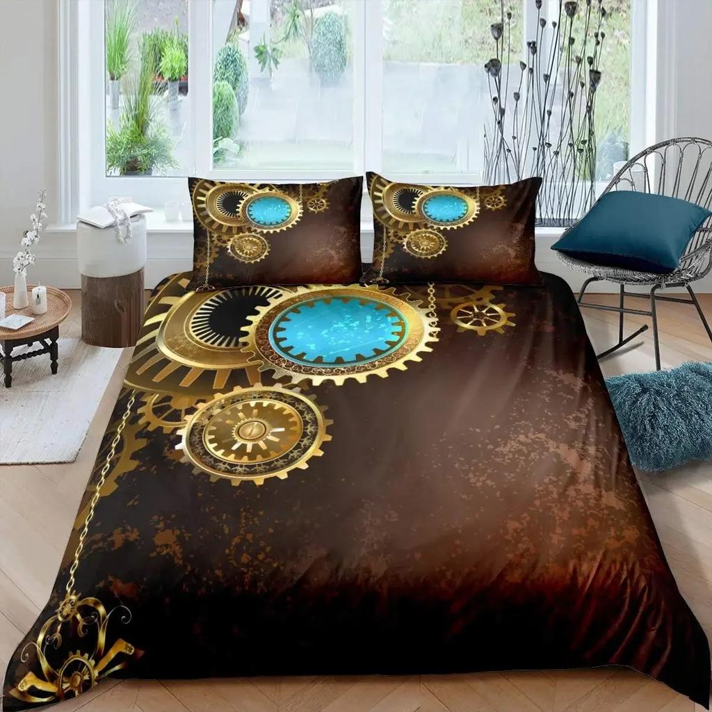 Ndustrial Gear Duvet Cover Set Queen Size Steampunk Style Locks Comforter Cover Boys Men Mechanical Device Polyester Bedding Set
