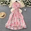 Wiosna Lato Luksusowe Kwiatowe Boho Bohemian Dress Kobiety Karbowany Garnitur Jednorzędowy Krótki Rękaw Maxi Długie Sukienki Imprezowe