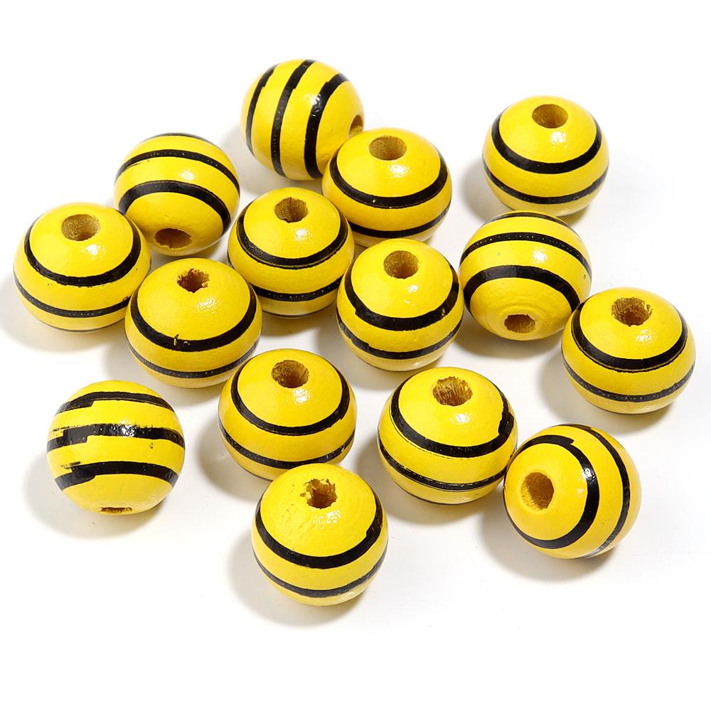 20Pcs 16mm Natural Wood Beads Colorful Stripe Heart Printing Large Hole Round Beads DIY Craft Bracelet Kid's Toy Accessories