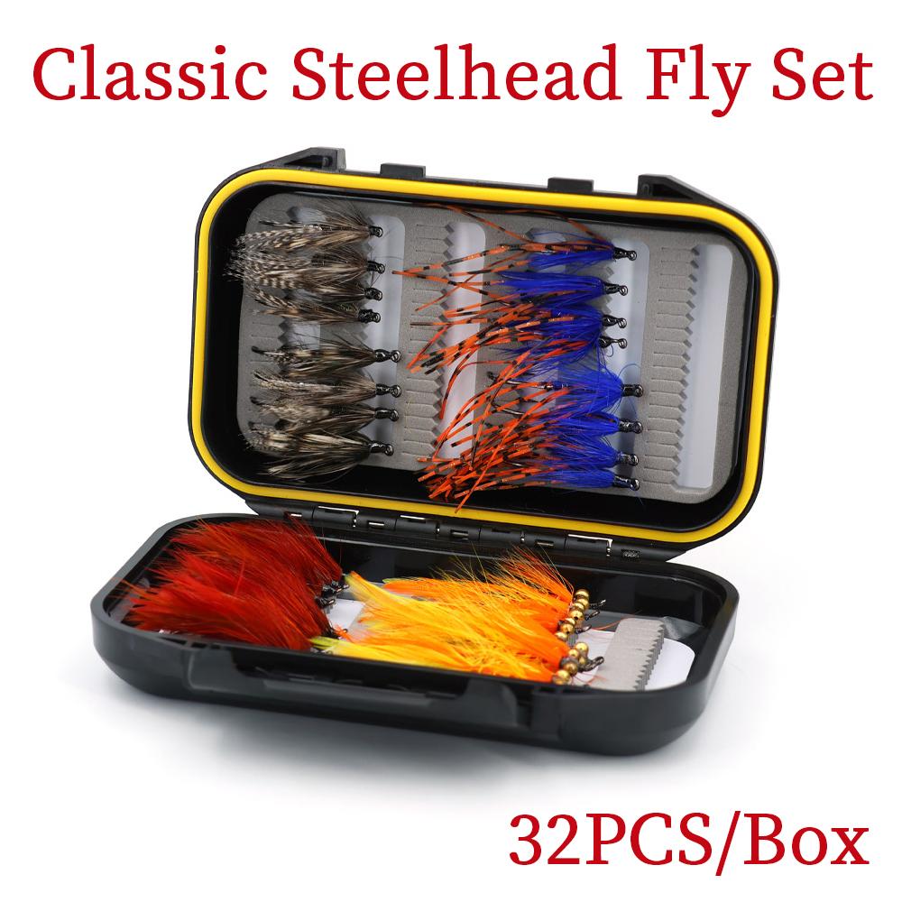 

32pcs #2 #4 Freight Train Fly Classic Streamers Salmon Steelhead Fishing Lure Bait Blue Dark Red Grey