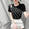 Summer New Hollow Out Heavy Industry Hot Dip Diamond Design Sense Round Neck Short Sleeve T-shirt Women's Fashion Slim Thin Top