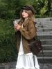 2025 Women's Autumn Brown Suede Mélange Lapel Jacket - Trendy, Loose, Short, and Casual