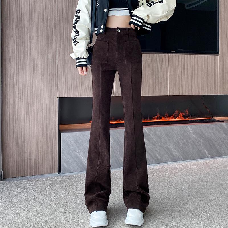 

2024 Осень/Зима Вельветовые расклешенные брюки с высокой посадкой: Плюс Бархат, Утолщенный, Приталенный, Повседневный Корейский Стиль Brown Regular