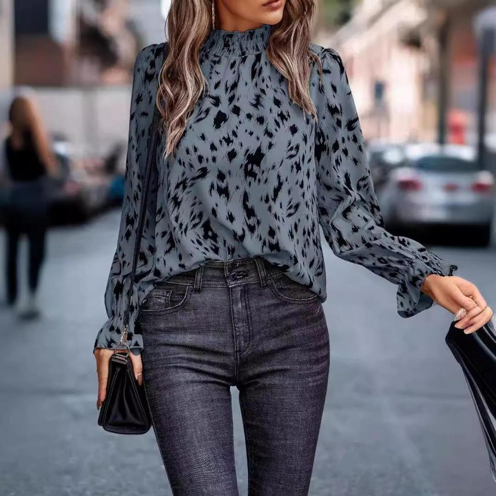 Autumn Winter New Women's Blouse Long Sleeve Mock Neck Loose Fit European American Style Cross-Border