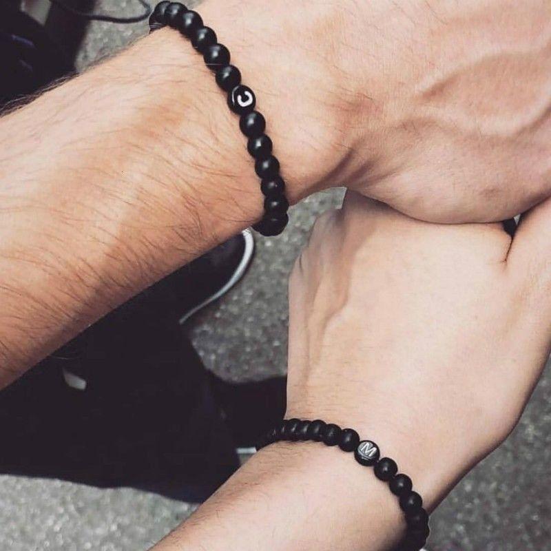 6mm Black Frosted Agate Stone Beaded 26 Letters Bracelet Valentine's Day Gift