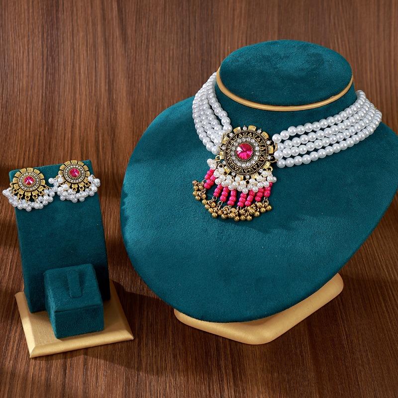 

Meier Multi-layered pearl necklace, rice bead tassel earrings, retro bohemia ethnic style jewelry