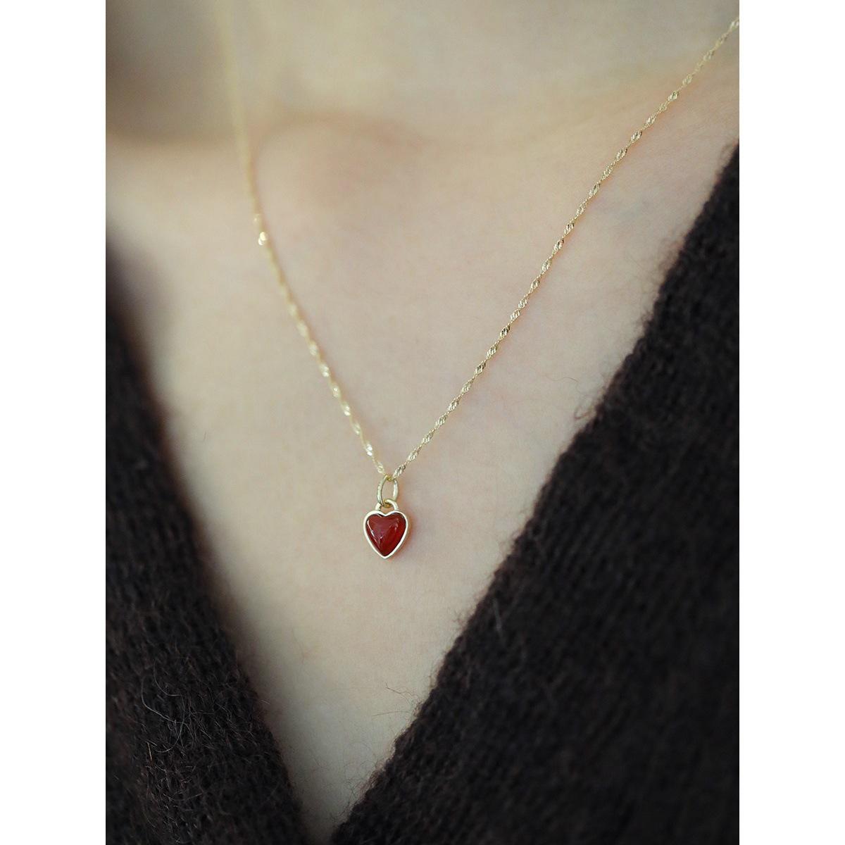 Exquisite Red Agate Heart Pendant with Water Wave Chain - 14K Gold Plated S925 Sterling Silver