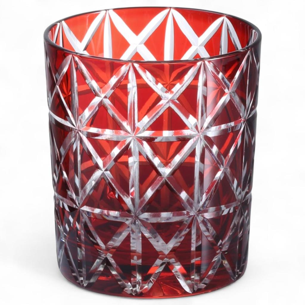 Mizukage Kiriko Rocks Glass Diamond Current Model J-kitchens Cup, 80xH90mm, 280cc, Pattern, Red, Bisho,