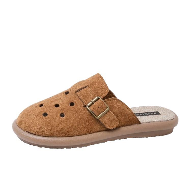 Boken Shoes Women's Summer Wear a Pedal Hole Shoes Bag Head Half Drag 2025 New Cotton and Linen Sandals Flat Lazy Shoes