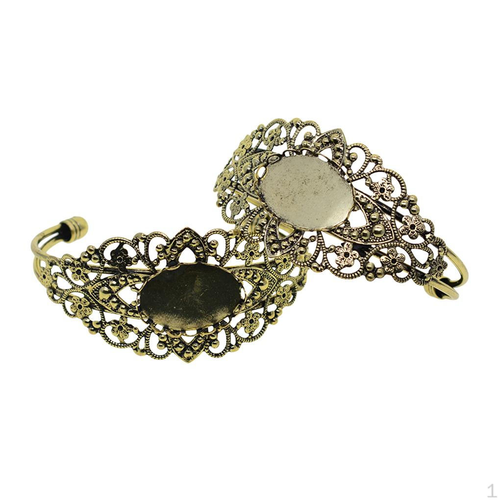 2 Piece DIY Filigree Flower Bracelets Bangle Blank Base Oval Cabochons Charms Bezel Tray Setting