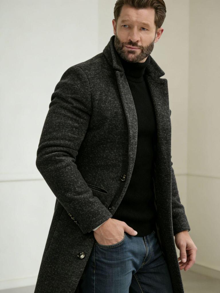 2025 European Men's Woolen Mid-Length Single-Breasted Fashion Overcoat