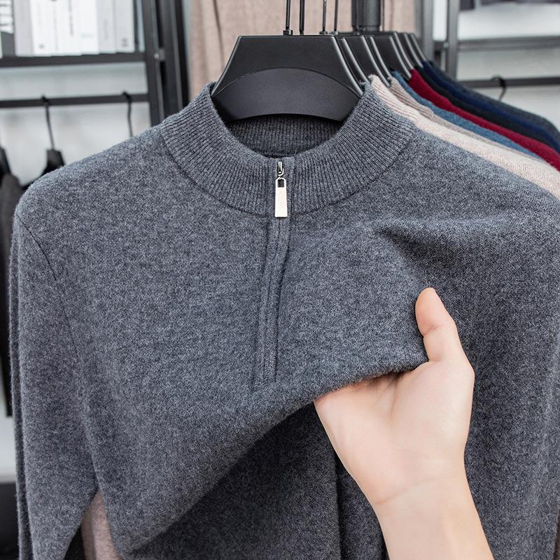 Solid Color 100 Wool Thickened Warm Half Zip Half Turtleneck Pullover Knit Sweater For Men