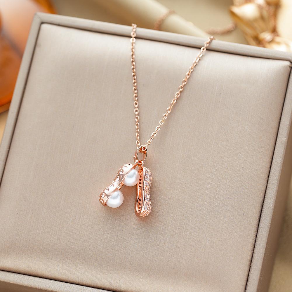 Titanium Steel Necklace with Micro-Set Pearl Peanut Pendant Minimalist Luxury Collarbone Chain Jewelry