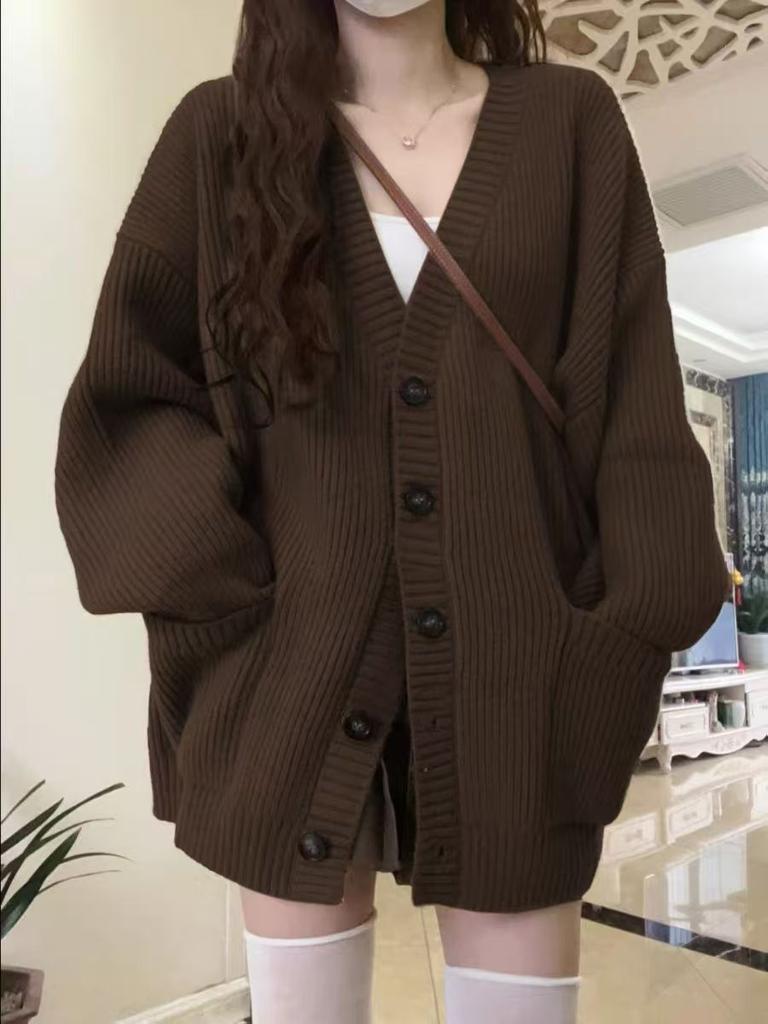 V-neck lazy wind cardigan 2025 new simple sweater women's spring autumn and winter casual loose knitted sweater