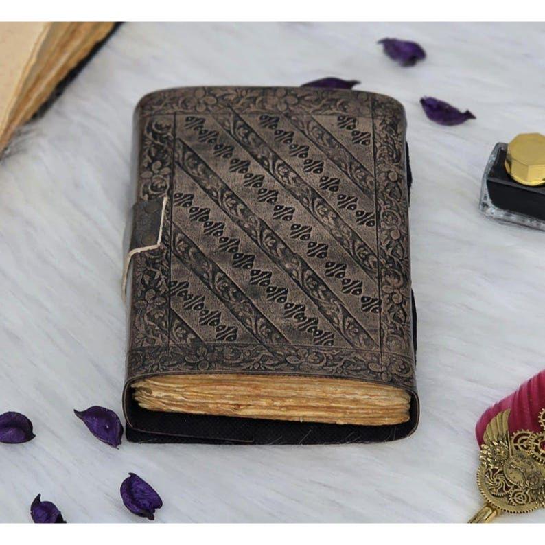 Embossed Leather Diary - Handmade Vintage Leather Journal with Blue Stone - Book of Shadows