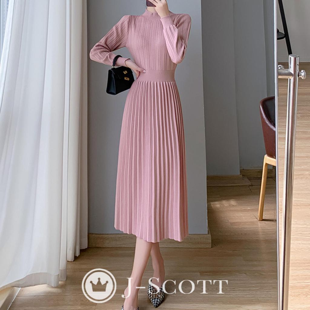 Knit Puff Midi Long Pink Limited Stock J-Scott Women's Dress, Pleated, Sleeves, Length, A-Line, Sleeves, (JS119-PK-M) -
