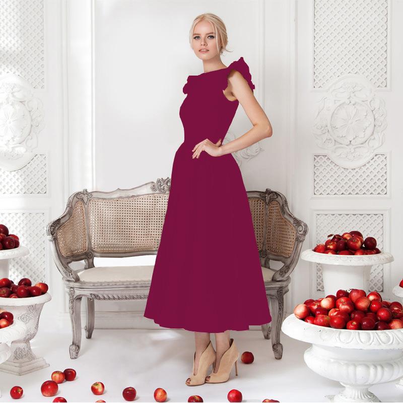 

Women s round neck lotus leaf sleeve dress popular dress medium and long dress XXL бордовий
