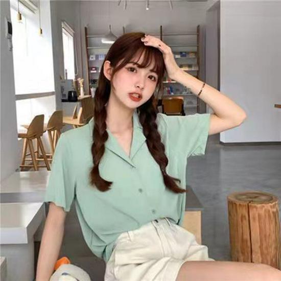 2021 Spring Retro Korean Style Women's Short Sleeve Lapel Shirt