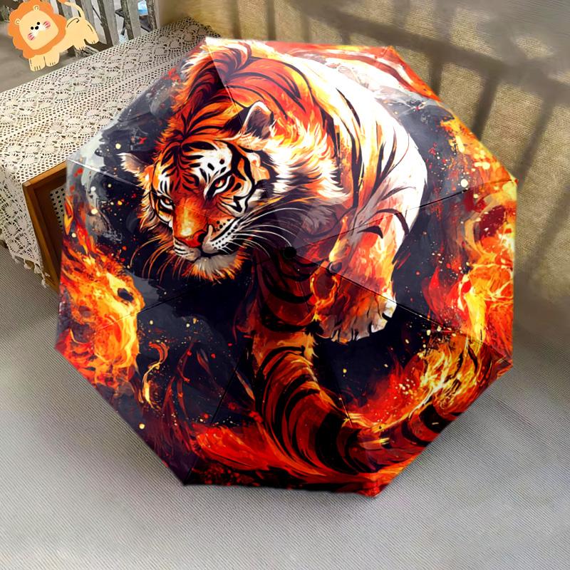 1 PC Automatic Folding Umbrella - Flaming Tiger Pattern, Portable & Foldable Design with 8 Ribs, Christmas Birthday Gifts