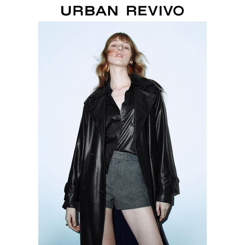UR 2025 Winter Women's PU Double-Breasted Belted Trench Coat