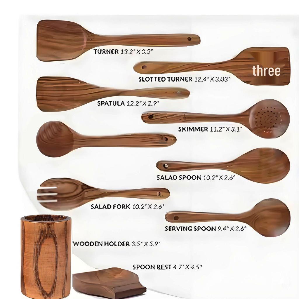 Teak Non-Stick Long-Handle Solid Wood Pan and Acacia Wood Kitchenware Set