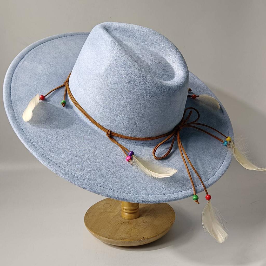 2026Bohemian style suede hat, brim 9.5 cm fedora with feather accessories, classic church hat, wide brim hat, women's hat