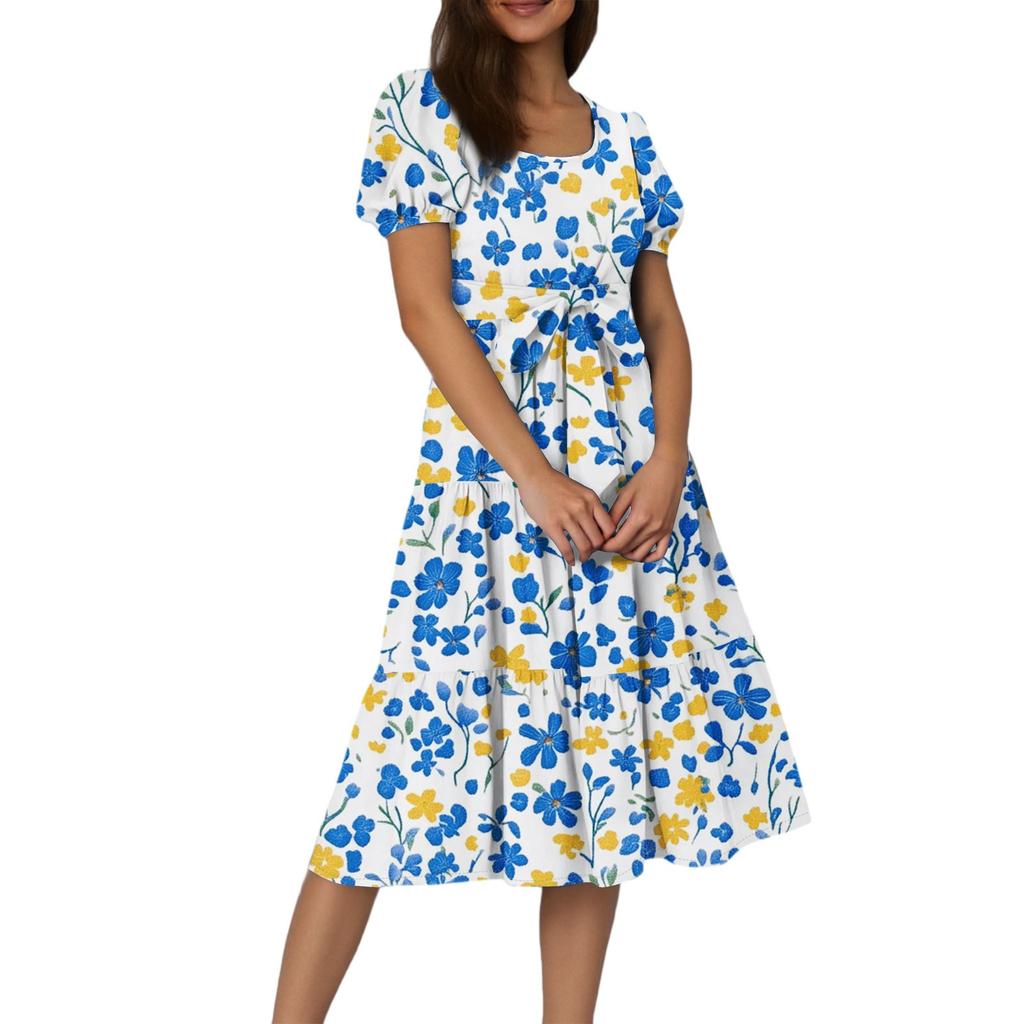 Women's Summer Floral Print Short Sleeves Neck Waistband Bohemian Flowy Maxi Dress With Pockets